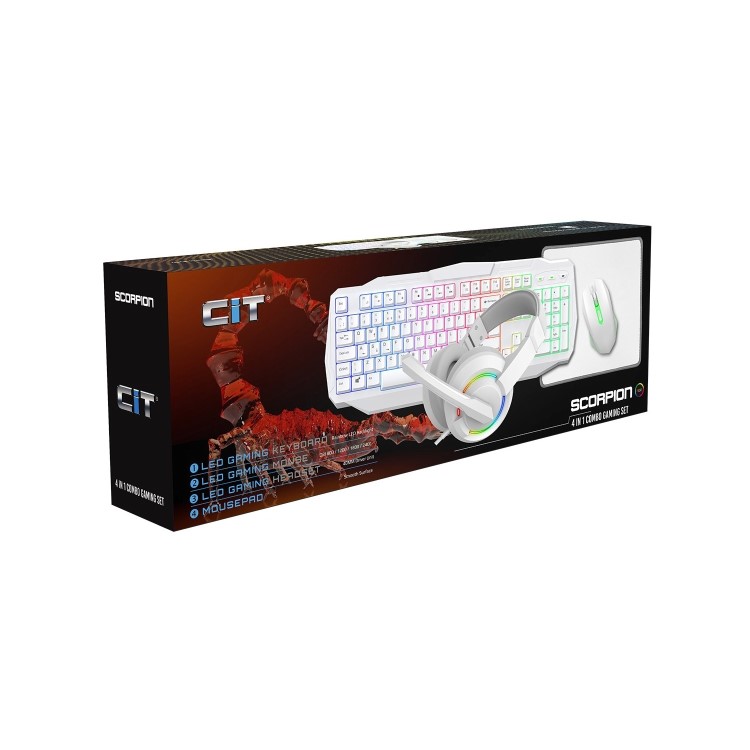 CiT Scorpion 4-in-1 White Keyboard Mouse Headset Mouse Pad Gaming Combo Kit