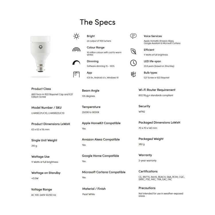 LiFX Smart Colour and White WiFi Light Bulb with B22 Bayonet Ending