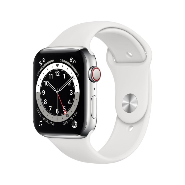 GRADE A1 - Apple Watch Series 6 GPS + Cellular - 44mm Silver Stainless Steel Case with White Sport Band - Regular