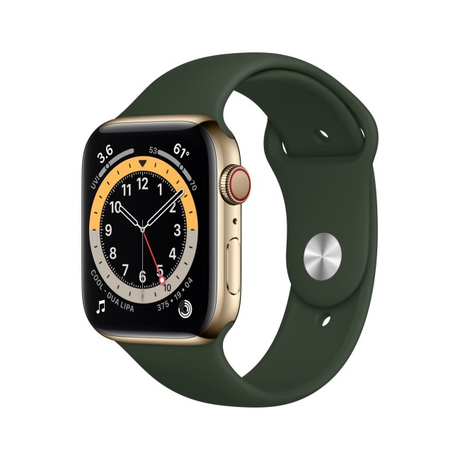 Apple Watch Series 6 GPS + Cellular - 44mm Gold Stainless Steel Case with Cyprus Green Sport Band - Regular