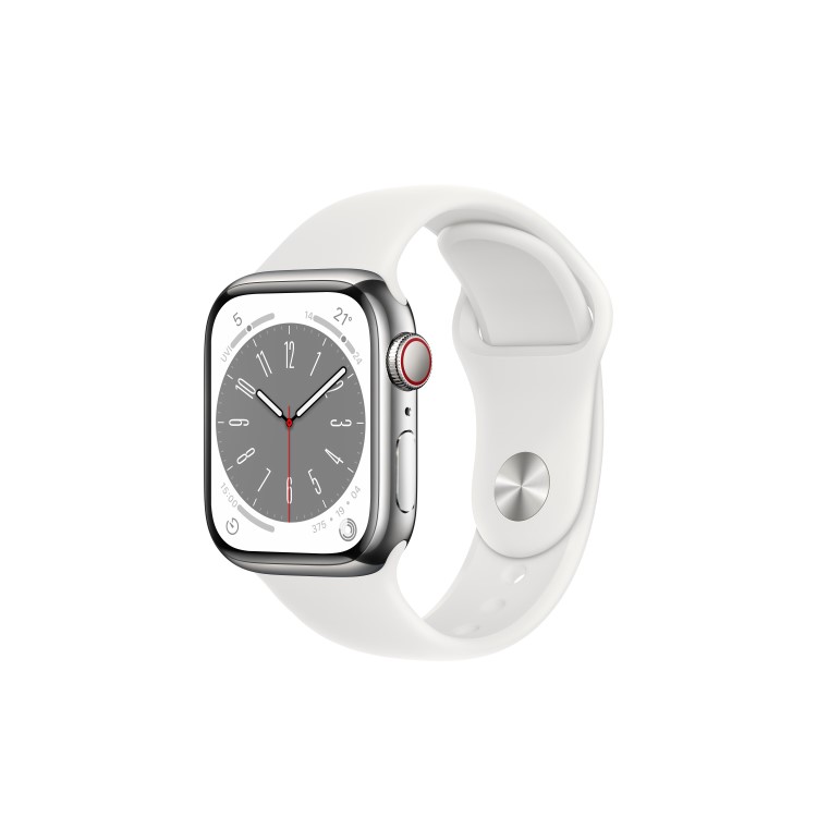 Apple Watch Series 8 GPS + Cellular 41mm Silver Stainless Steel Case with White Sport Band - Regular