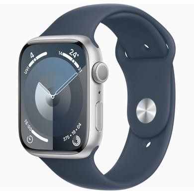 Apple Watch Series 9 GPS 45mm Silver Aluminium Case with Storm Blue Sport Band - M/L