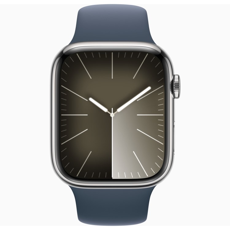Apple Watch Series 9 GPS + Cellular 45mm Silver Stainless Steel Case with Storm Blue Sport Band - M/L