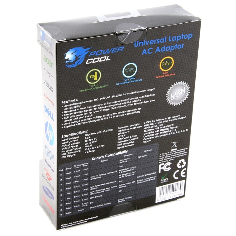 PowerCool 65W Universal Multi Laptop Charger with 8 Tips