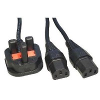 2m UK Plug M - 2 x IEC C13 F Power Splitter in Black