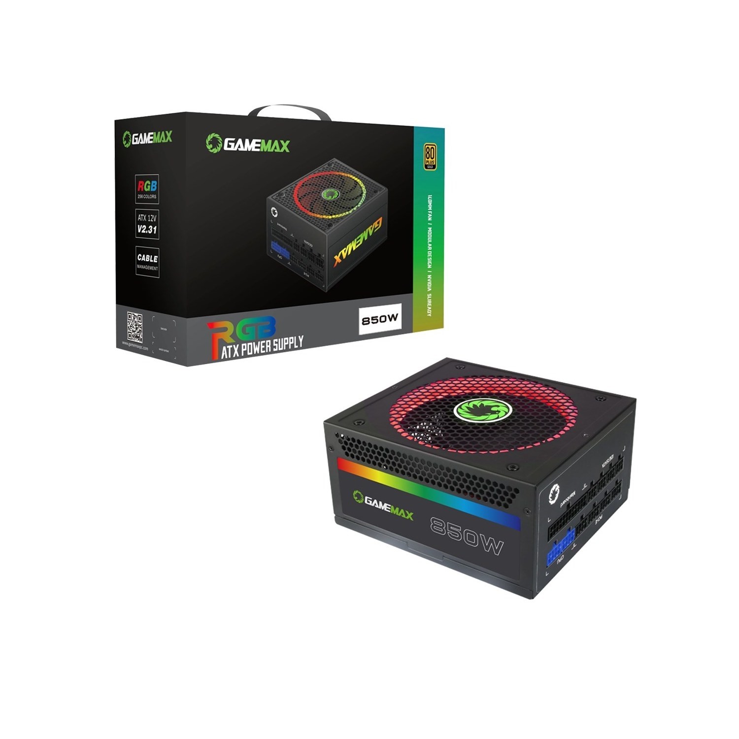 GAMEMAX RGB-550, 550 W Modular 80 Plus Gold Power Supply With 14 Cm R Gb Fan And Illuminated Logo Black Rgb 550