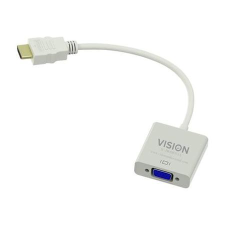 Vision HDMI TO VGA ADAPTOR - White Plugs into HDMI port on latop and has female VGA socket. Ideal when you need to connect a modern laptop to older presentation equipment. Overall length