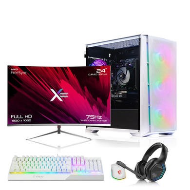 AWD IT Mesh White Gaming PC, 24 White curved Monitor and Accessories