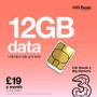 Three 12GB Data SIM Only Contract 1 Month