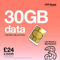 Three 30GB Data SIM Only Contract 1 Month