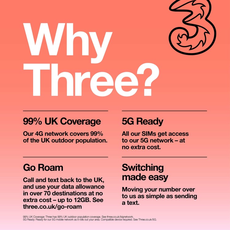 Three 30GB Data SIM Only Contract 1 Month