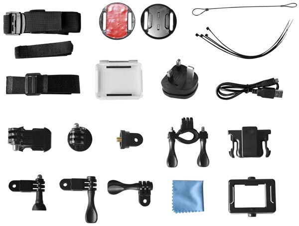 Included accessory pack includes bike, helmet and body clips and a waterproof housing