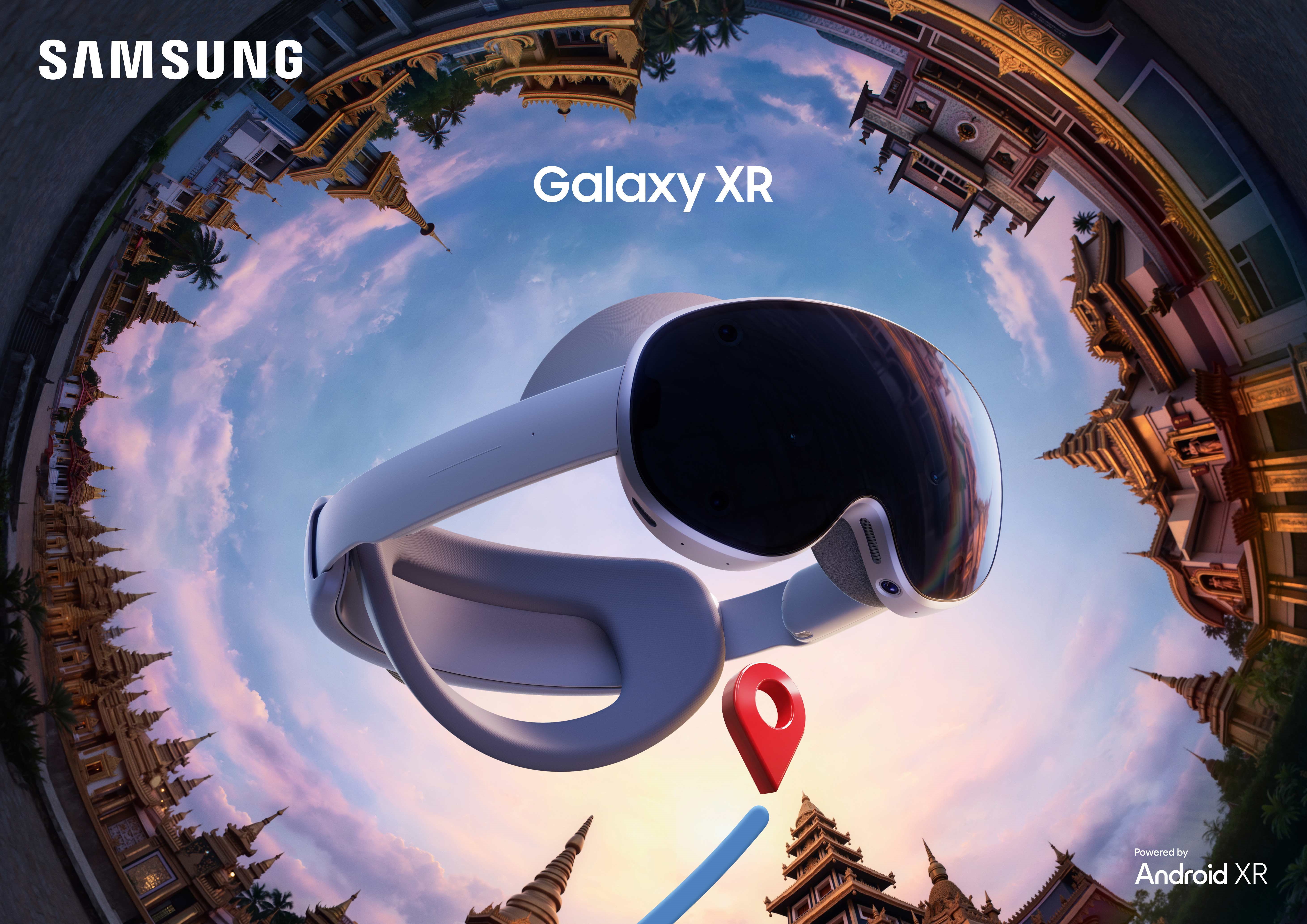 Samsung Galaxy XR headset with an immersive travel scene