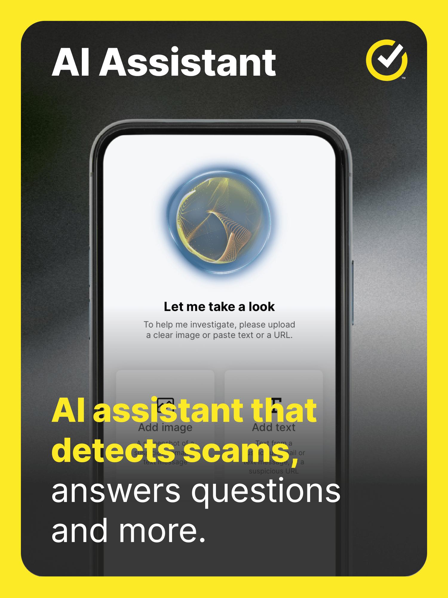 Norton Genie AI Assistant reviewing a suspicious message on a phone