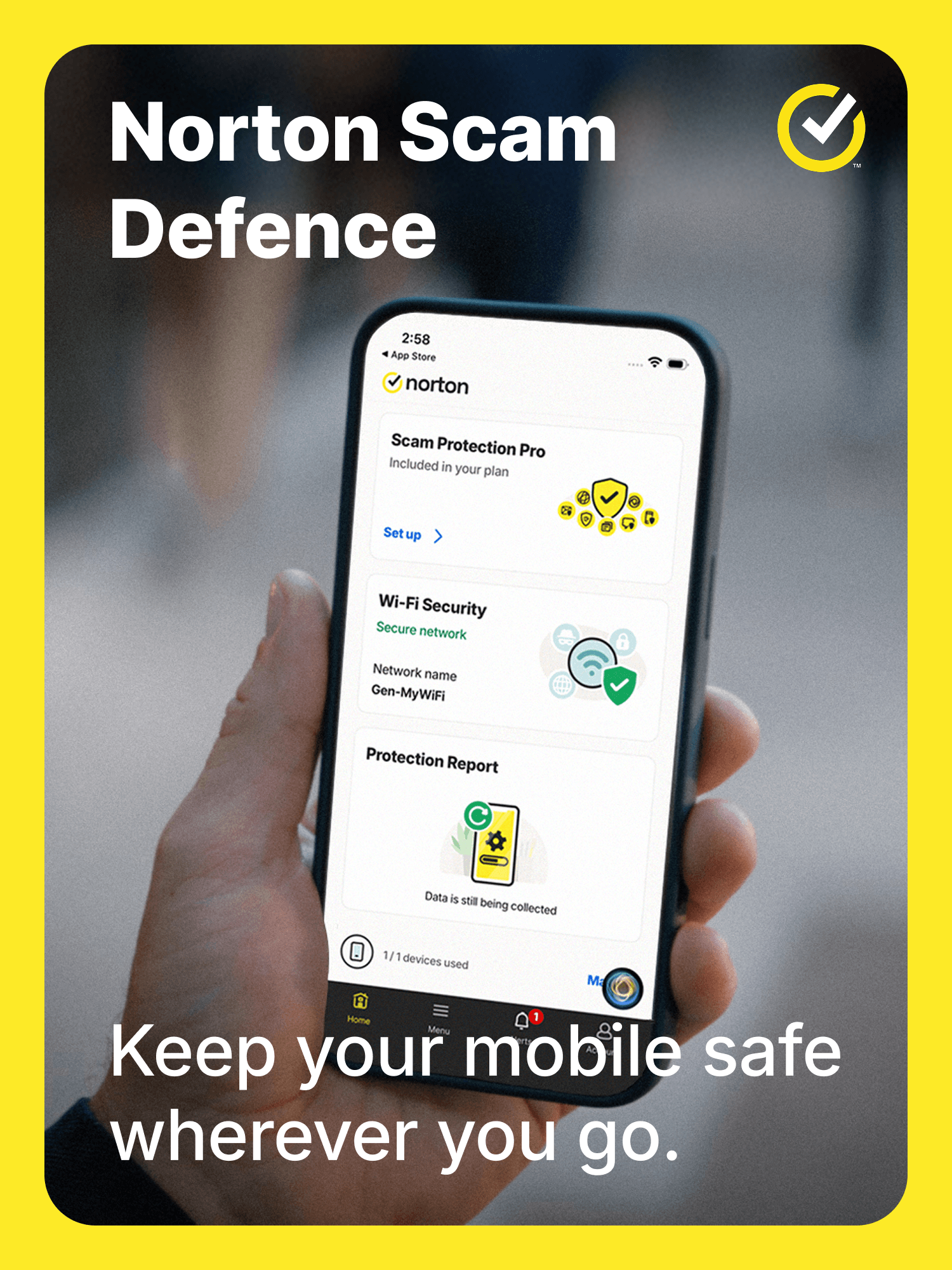 Norton mobile app with Scam Protection Pro and Wi-Fi Security