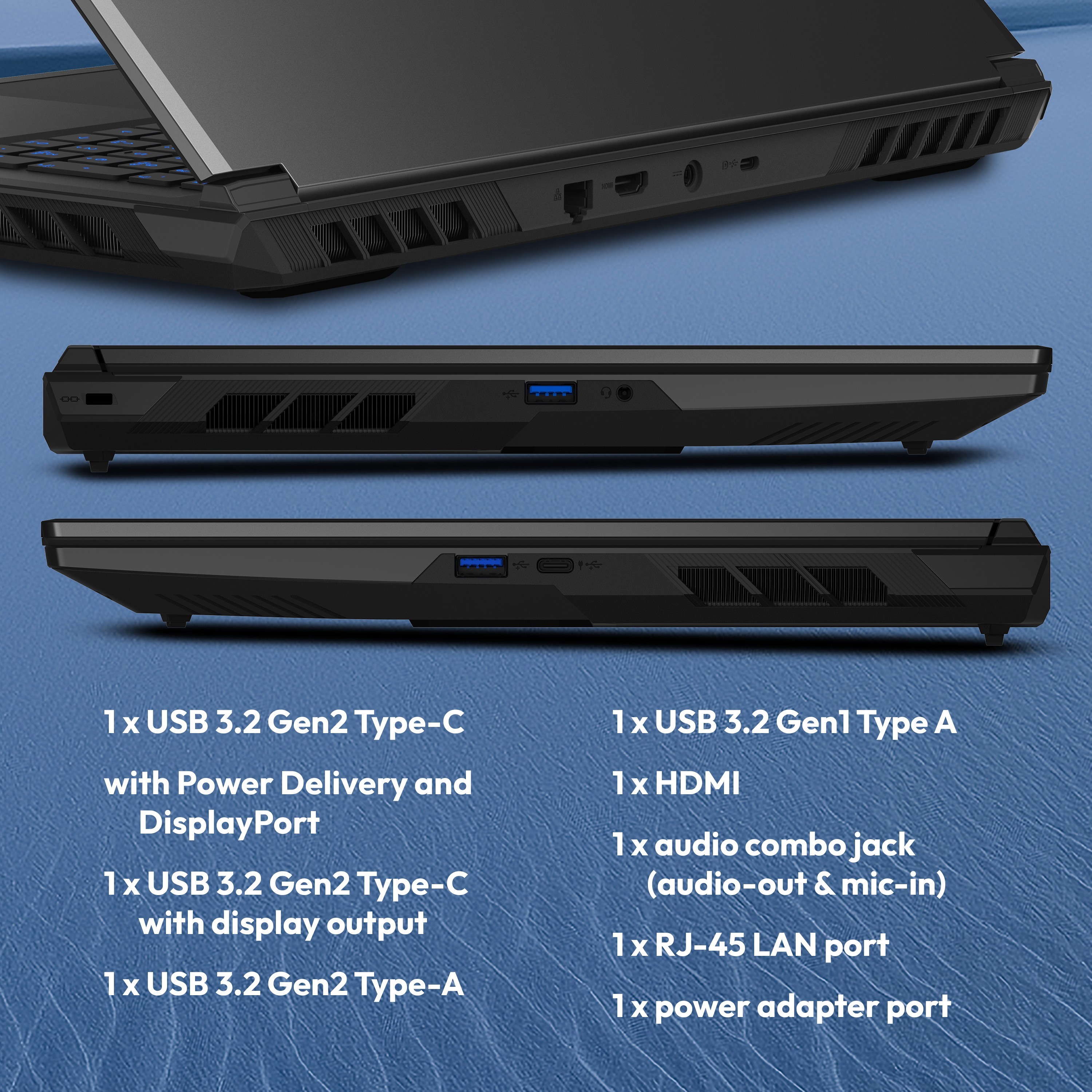 Gaming laptop ports and ventilation