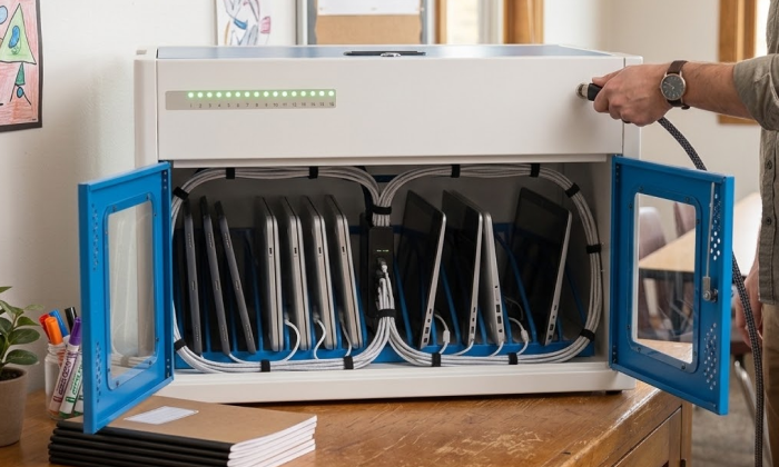Pre-wired USB-C charging cables inside the cabinet