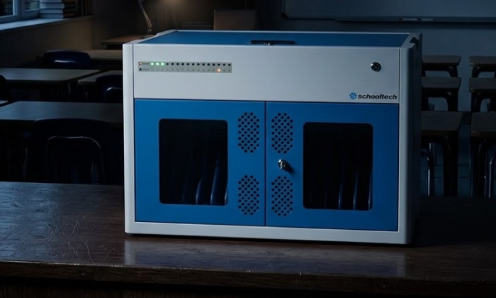 Secure mechanical lock on a durable steel charging cabinet