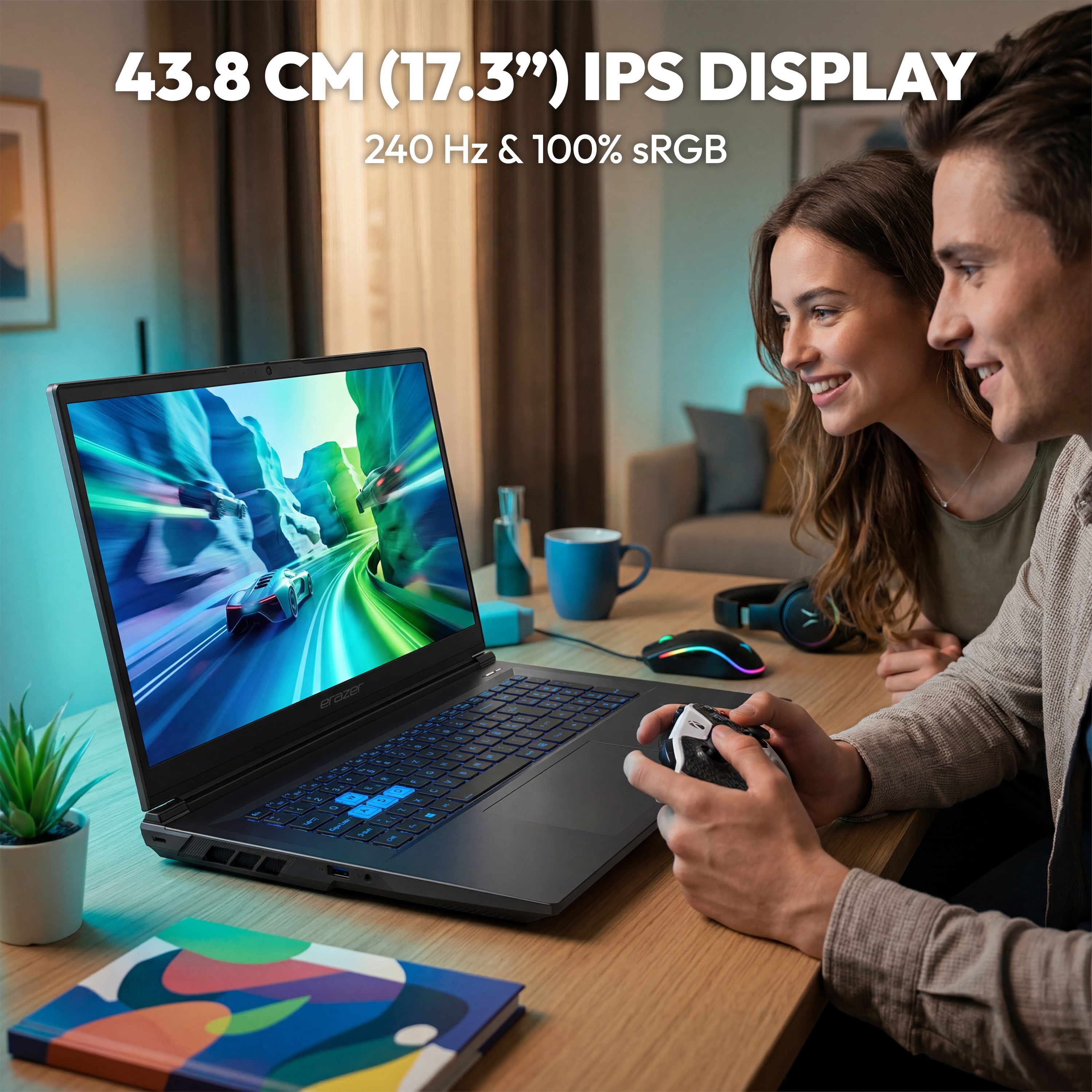 Gaming laptop display showing fast, fluid visuals