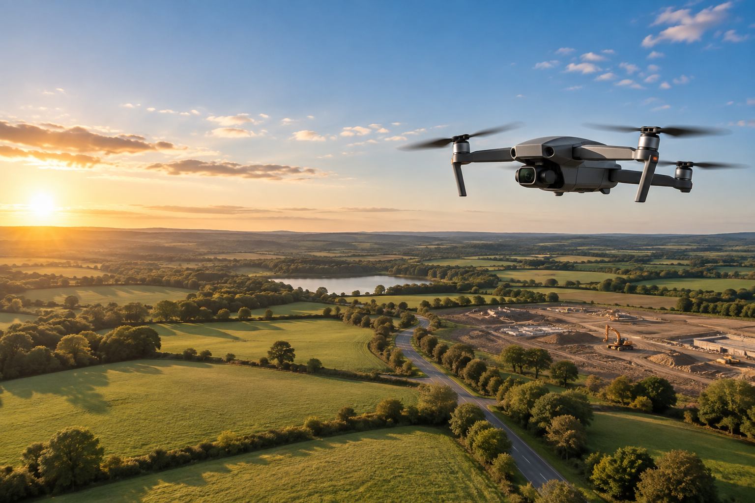 Camera drone flying over British countryside and a construction site