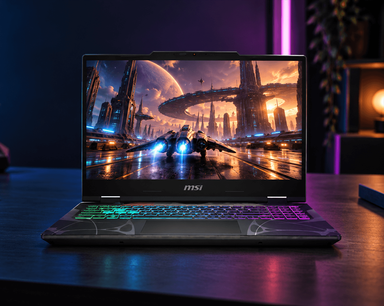 Gaming laptop in a neon-lit gaming setup