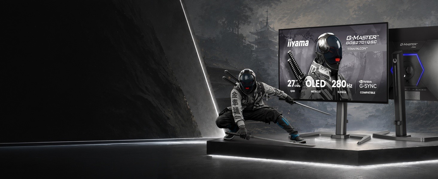 iiyama G-MASTER Titan Falcon GOB2701QSC OLED gaming monitor in a gaming setup