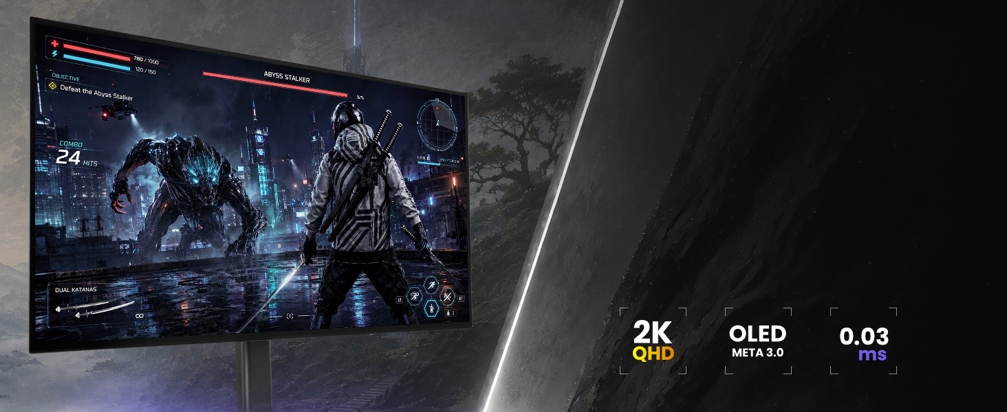 iiyama GOB2701QSC OLED monitor showing a detailed gaming scene and 2K QHD OLED features