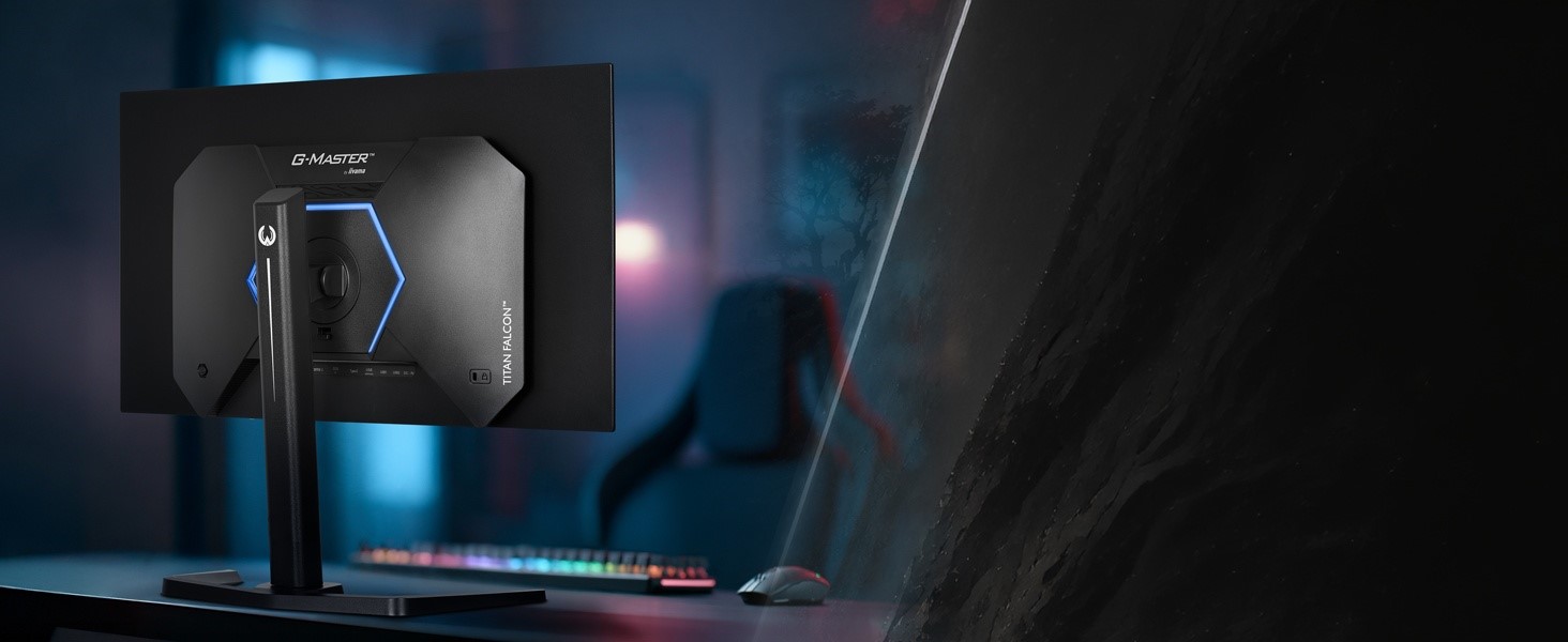 Rear view of the iiyama GOB2701QSC monitor with ambient lighting in a gaming setup