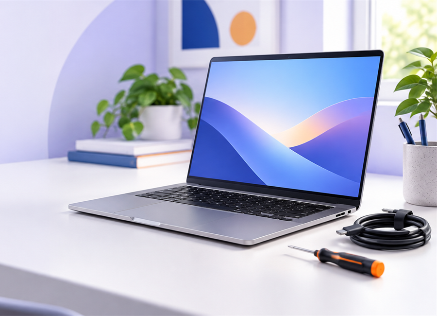 Modern laptop, charging cable and screwdriver on a light home-office desk