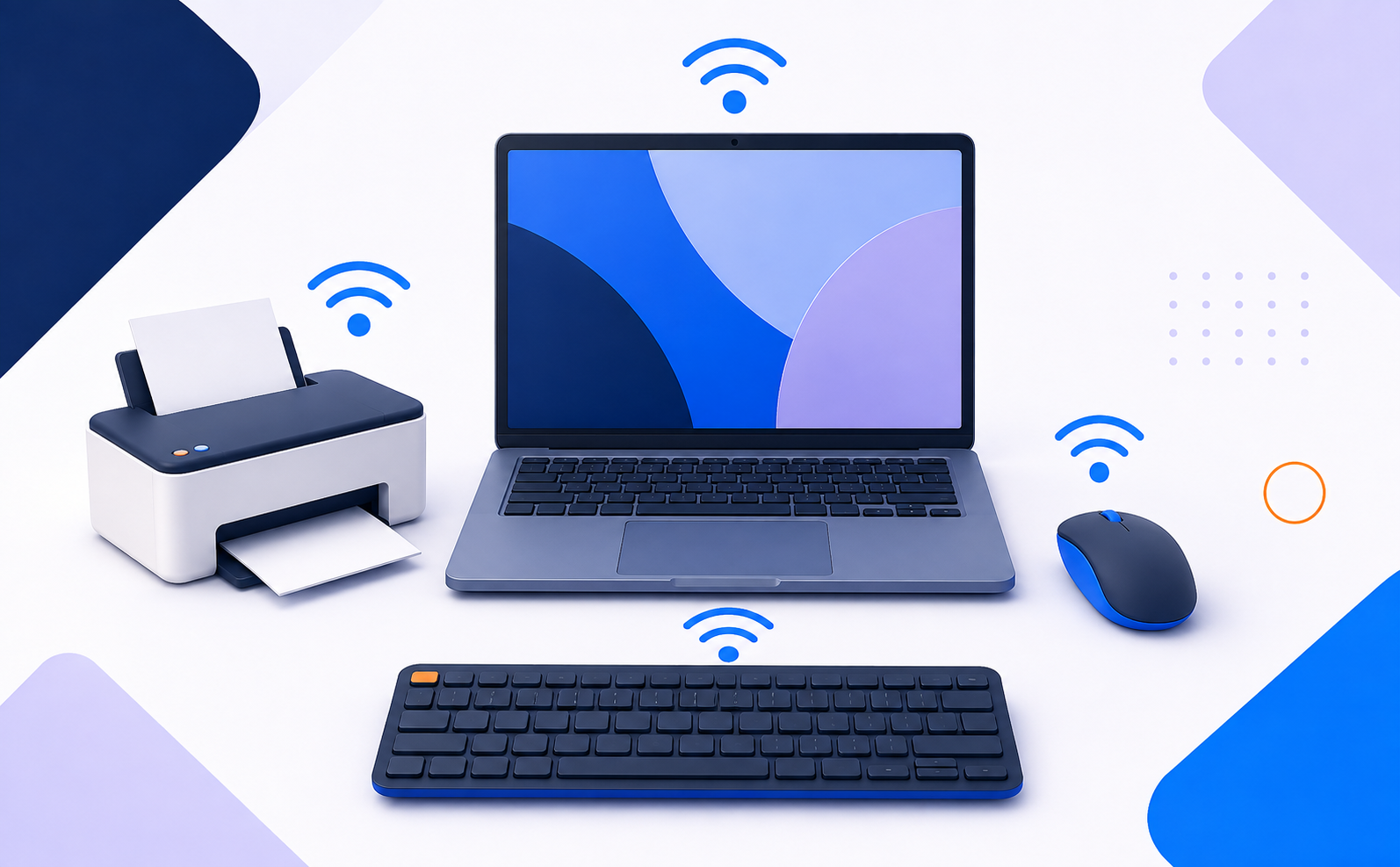Laptop with a printer, wireless mouse and keyboard arranged for a home study setup