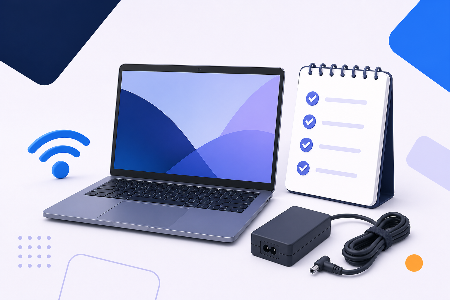 Laptop on a desk beside a notebook, charger and mouse
