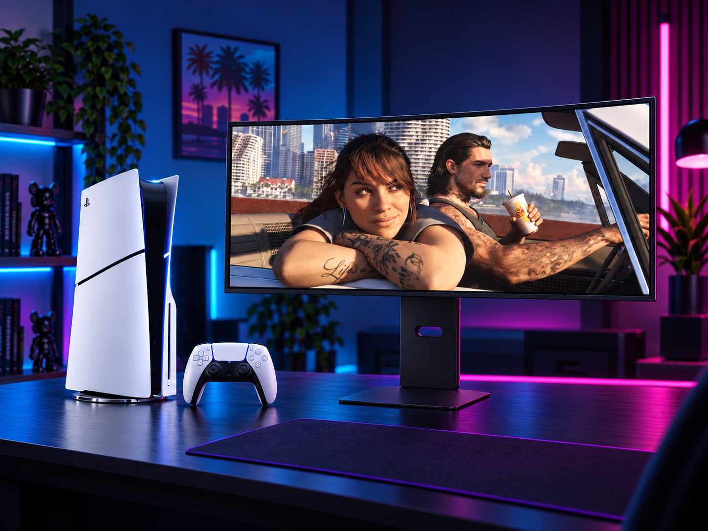 PlayStation 5 and controller beside an LG UltraGear monitor displaying a GTA VI scene in a neon-lit gaming setup